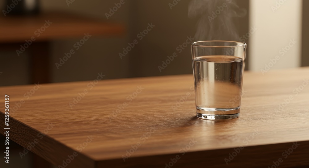 Steaming glass of water rests serenely on a wooden surface Steaming glass of water rests serenely on a wooden surface