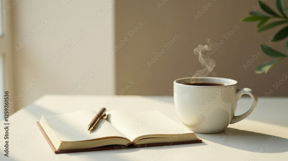 Serene morning workspace featuring an open notebook, a pen resting gently on its pages, and a steaming cup of coffee, bathed in soft sunlight, ready for contemplation and creativity. Serene morning workspace featuring an open notebook, a pen resting gently on its pages, and a steaming cup of coffee, bathed in soft sunlight, ready for contemplation and creativity.