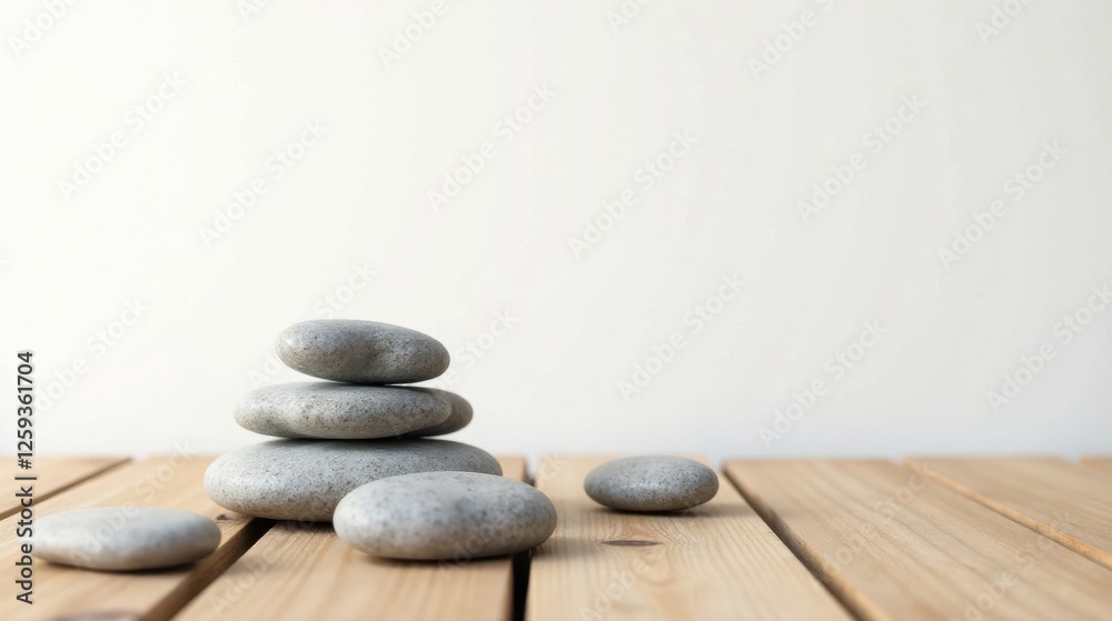 Serene Stack of Smooth Gray Stones on Light Wooden Surface Serene Stack of Smooth Gray Stones on Light Wooden Surface
