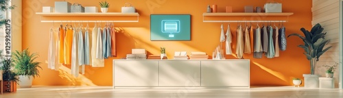 A bright, modern retail space features hanging clothing, a sleek counter, and lush plants against an orange wall, creating a fresh shopping atmosphere.