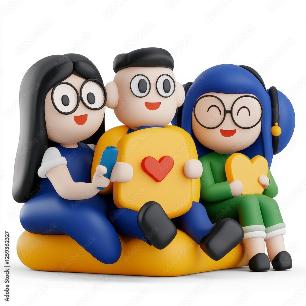 Three Cartoon Characters Sitting Together, Sharing Technology Three Cartoon Characters Sitting Together, Sharing Technology