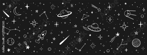 Space star vector kid background. Hand drawn doodle sketch style star space cute galaxy background. Hand drawn kid galaxy universe doodle pattern. Planet, rocket, moon element. Vector illustration.