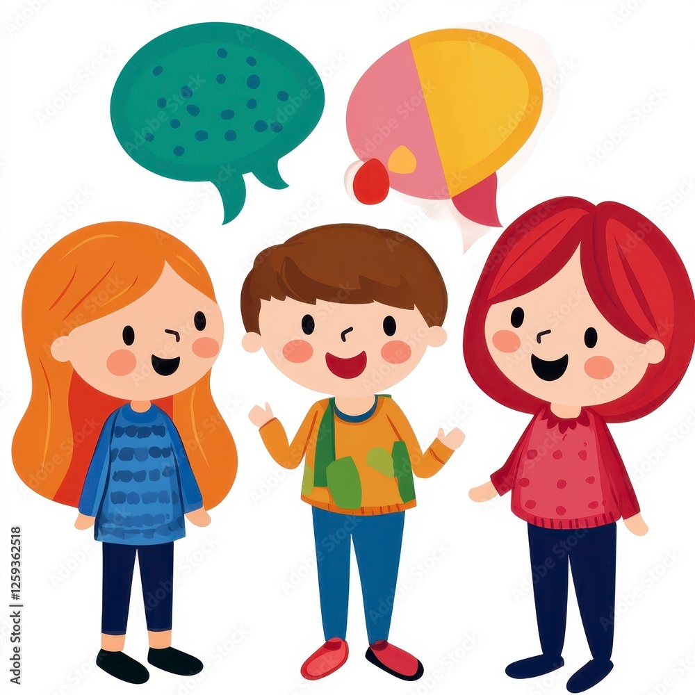 Three Cartoon Children Talking With Colorful Speech Bubbles Three Cartoon Children Talking With Colorful Speech Bubbles