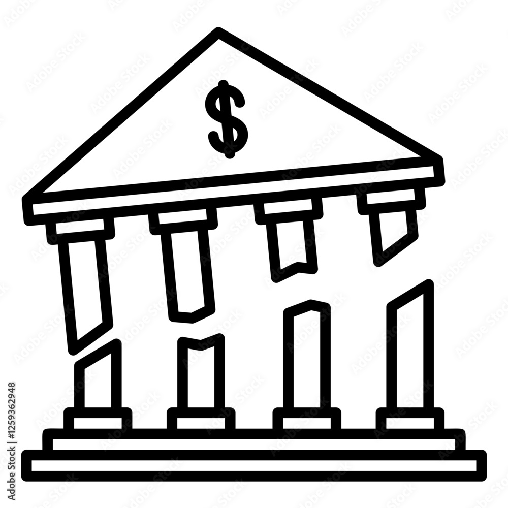 The icon of bankruptcy and loss is symbolized by a damaged bank building The icon of bankruptcy and loss is symbolized by a damaged bank building