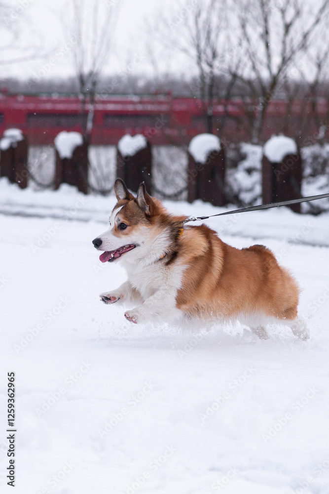 Pembroke Welsh Corgi walking in the snow in the park on a frosty winter day. Jumping, playing, enjoying the snow. Happy dog. Cheerful, fussy dogs. Cynology, training Pembroke Welsh Corgi walking in the snow in the park on a frosty winter day. Jumping, playing, enjoying the snow. Happy dog. Cheerful, fussy dogs. Cynology, training
