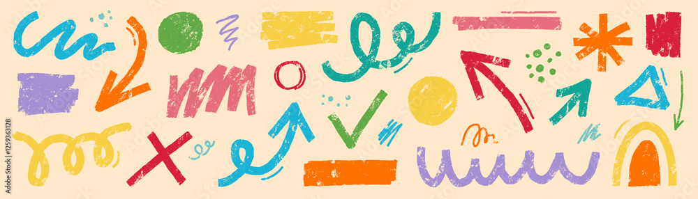 Doodle abstract shape background texture brush color set. Hand drawn sketch crayon scribble brush geometric shape color chalk effect background. Abstract arrow, circle, zigzag vector illustration