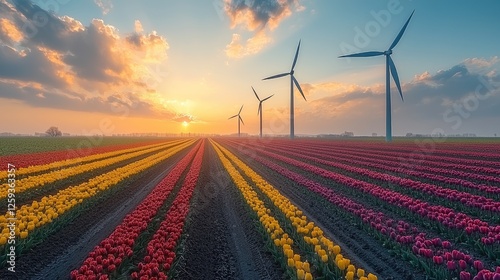 Vibrant tulip field at sunset with wind turbines in the background, showcasing nature's beauty