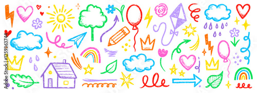 Kid crayon chalk line cloud, flower children element set. Hand drawn crayon doodle sketch childish element set. Chalk heart, cloud, flower color cute design element background. Vector illustration