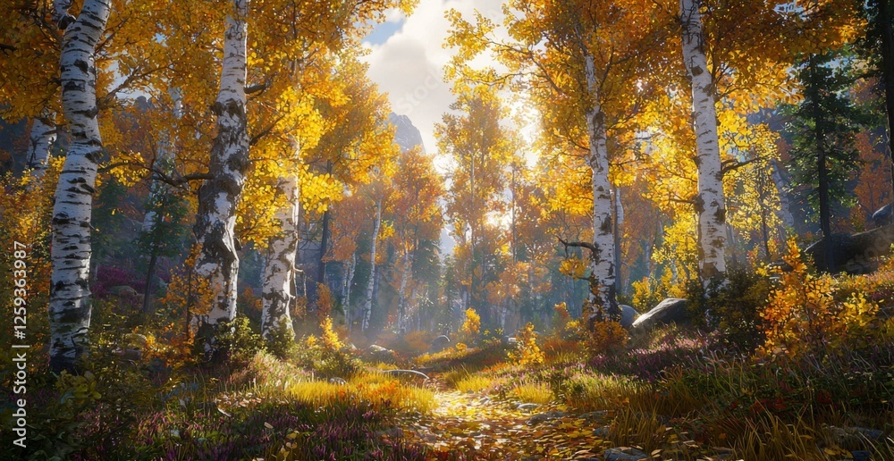 Fototapeta premium Tranquil Autumn Forest Scene with Golden Leaves and Sunlight Filtering Through Trees