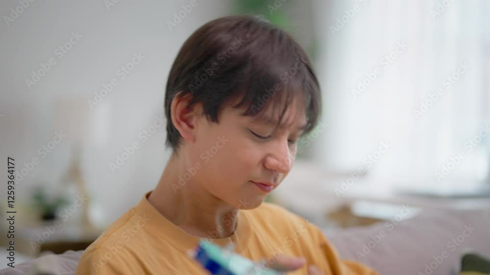 Asian mature gay sitting os sofa and playing an ukulele in house. Asian mature gay sitting os sofa and playing an ukulele in house.