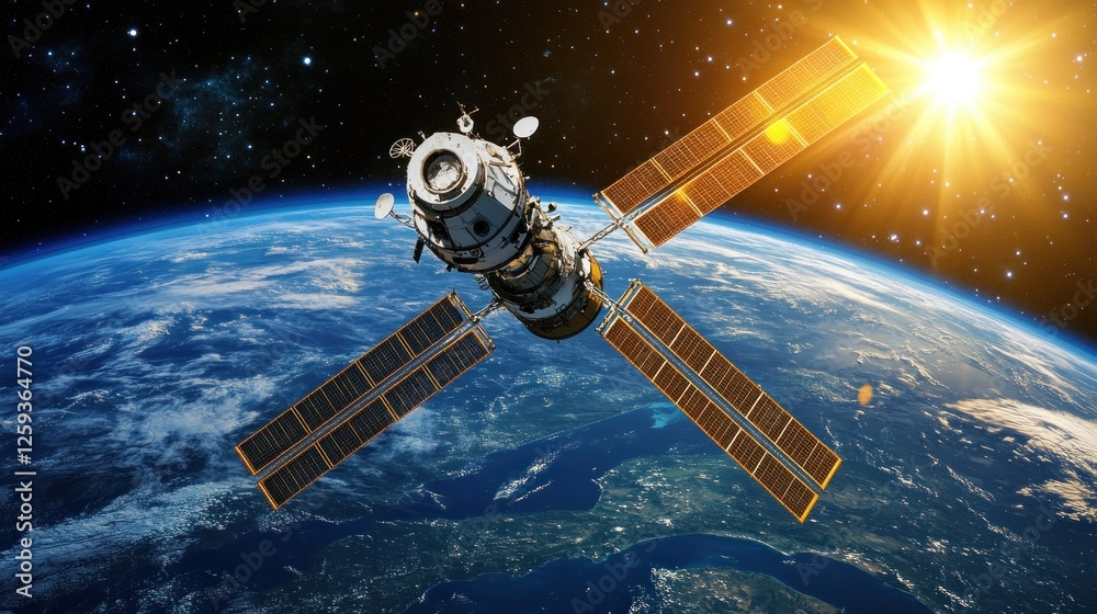 Spacecraft orbiting Earth with solar panels and sun Spacecraft orbiting Earth with solar panels and sun