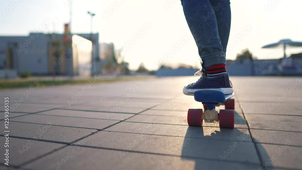 Child rides skateboard in playground. Park active ride concept. Teenagers playing skateboarding in the summer. Child rides skateboard while playing lifestyle skateboarding on playground in summer. Child rides skateboard in playground. Park active ride concept. Teenagers playing skateboarding in the summer. Child rides skateboard while playing lifestyle skateboarding on playground in summer.