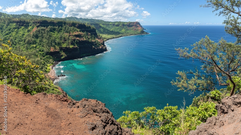 Obraz premium Scenic coastal view showcasing lush cliffs, turquoise waters, and a clear sky with scattered clouds