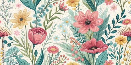 Wallpaper Mural Vintage Spring Garden Floral Clipart Paintbrush Strokes, Spring Background, Botanical Illustration, Floral Design, Retro Art Torontodigital.ca