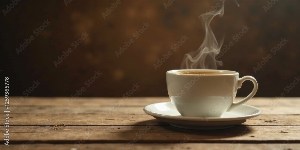 Aromatic Steam Rising from a Warm Cup of Coffee on Rustic Wooden Table Aromatic Steam Rising from a Warm Cup of Coffee on Rustic Wooden Table