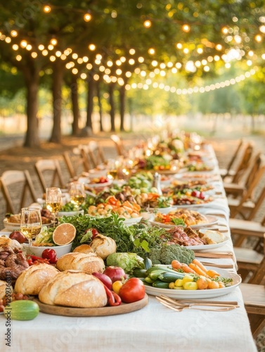A long outdoor table set for dinner with fresh vegetables