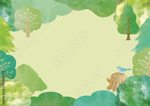 フレーム　水彩　手描き　緑　風景　夏　テクスチャ　背景　デザイン　イラスト素材
