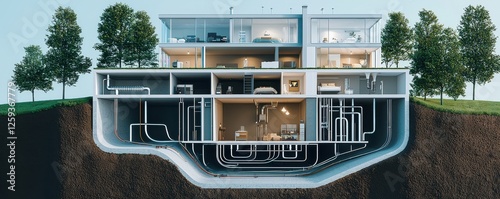 Modern underground house with exposed plumbing and minimal design.