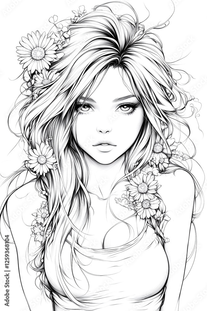 A woman with long blonde hair and a flowery headband. She has a very pretty face and is smiling A woman with long blonde hair and a flowery headband. She has a very pretty face and is smiling