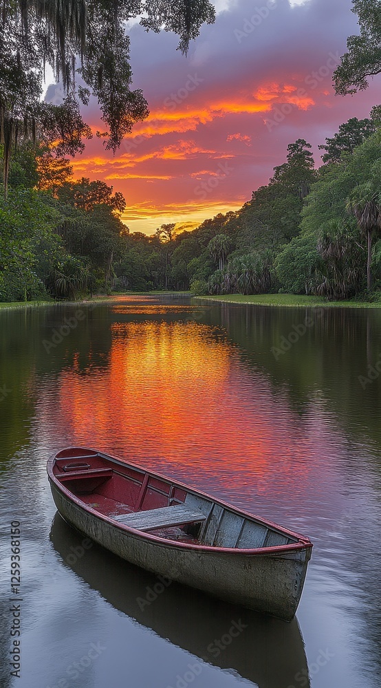 Obraz premium Tranquil Sunset Over Calm River with Wooden Boat in Still Water
