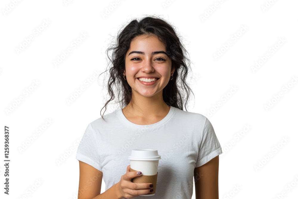 Smiling girl with plaid shirt holding coffee cup isolated on white or transparent, PNG Smiling girl with plaid shirt holding coffee cup isolated on white or transparent, PNG
