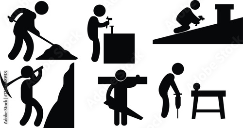 Set of  contractor worker silhouette vector illustration, Labourer performing different work tasks