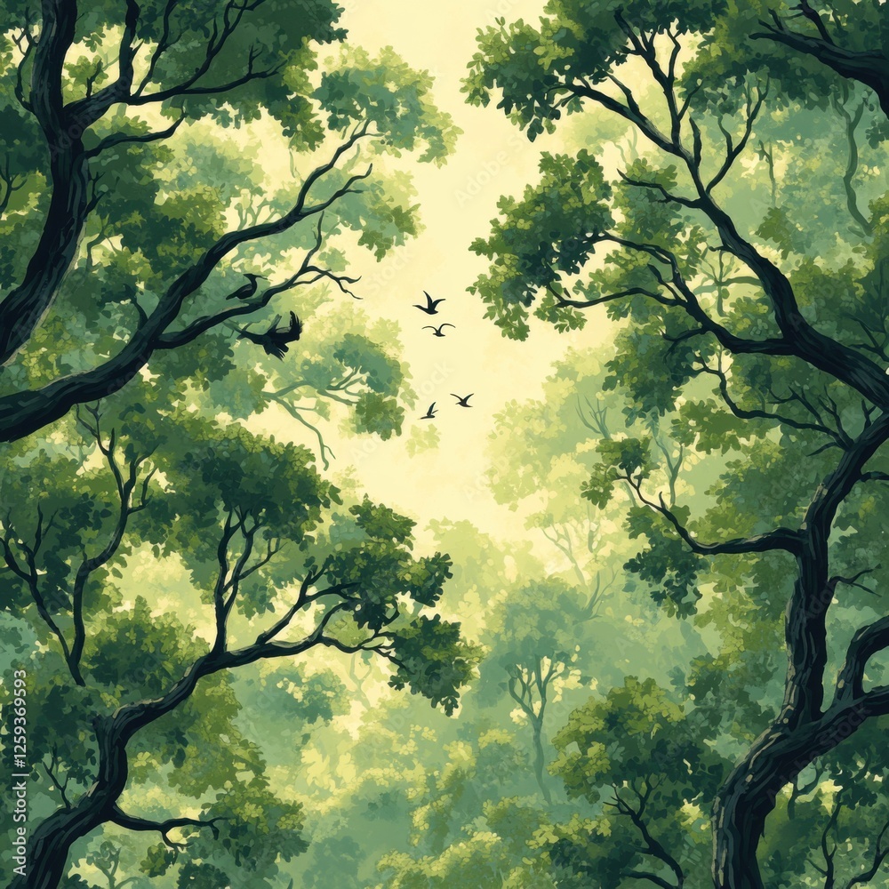 Fototapeta premium Lush Green Forest Canopy with Birds Flying Through Soft Light