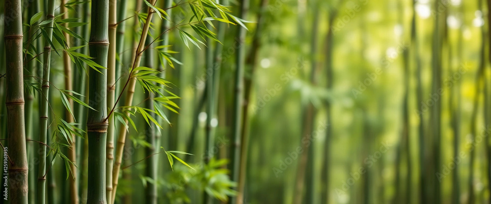Obraz premium Bamboo grove. Green bamboo stems on blurred background.