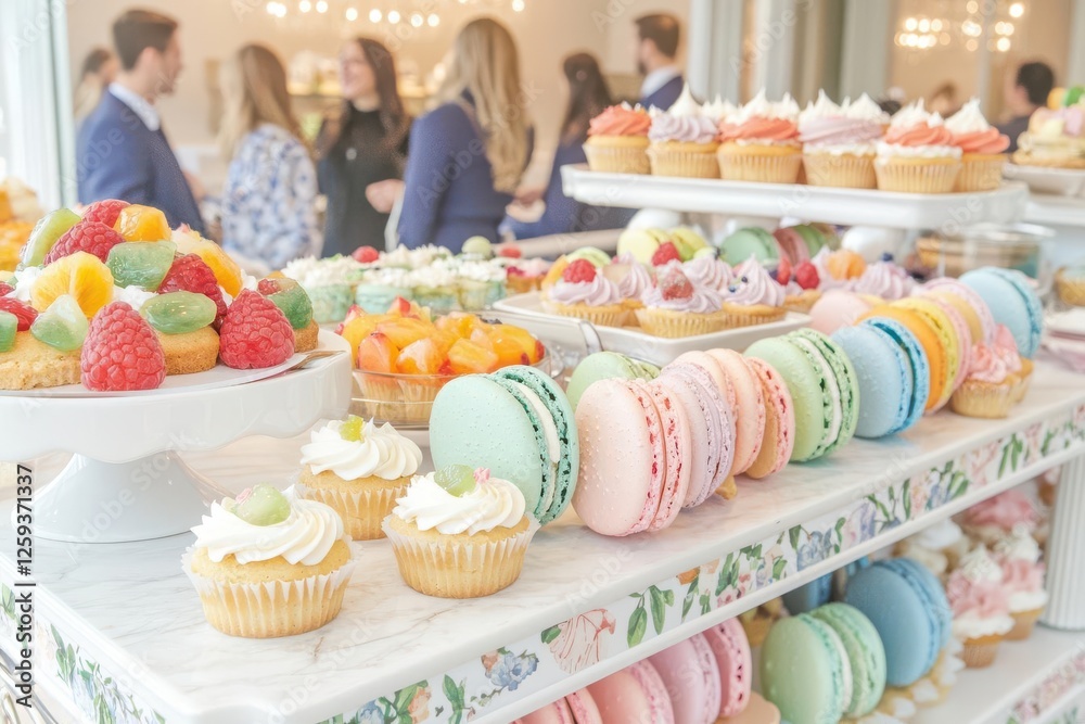 A dessert cart serving colorful macarons, cupcakes, and fruit tarts, beautifully decorated with floral patterns, surrounded by delighted customers A dessert cart serving colorful macarons, cupcakes, and fruit tarts, beautifully decorated with floral patterns, surrounded by delighted customers