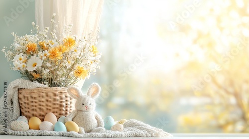 Easter celebration with colorful eggs and a cute bunny cozy indoor setting spring decor soft natural light whimsical vibes