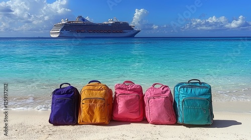 Colorful backpacks lined on a beach with a cruise ship in the background under a clear sky