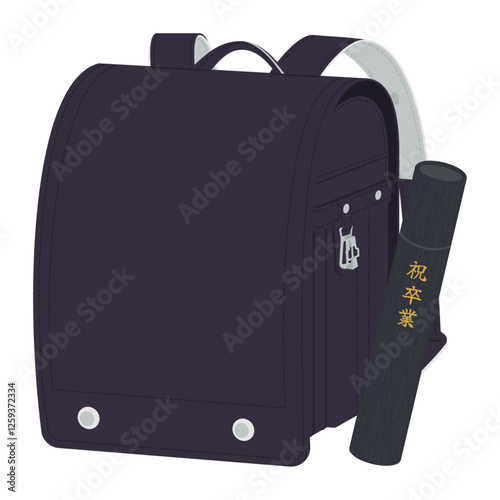 黒いランドセルと卒業証書と丸筒／卒業式／ベクターイラスト