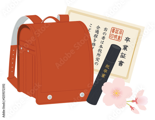 赤いランドセルと卒業証書・丸筒／桜の花びら／卒業式／ベクターイラスト