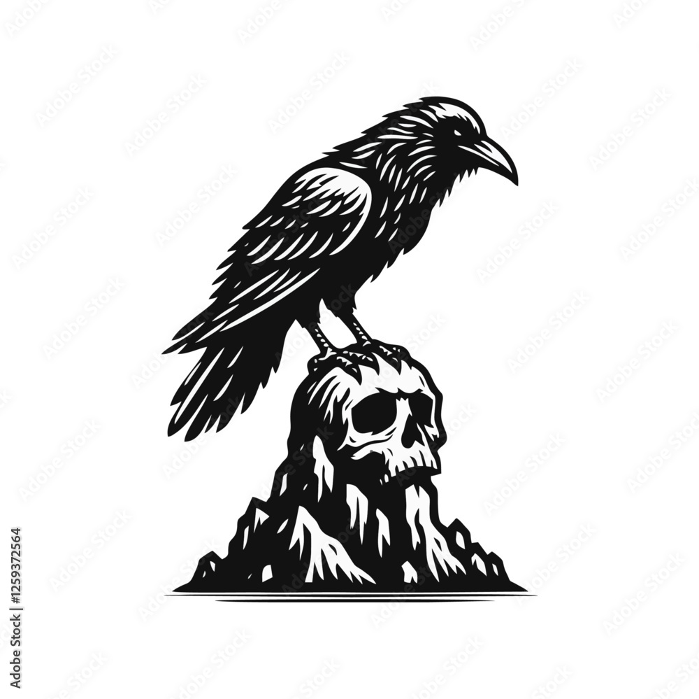 Fototapeta premium Raven skull silhouette black icon on white background