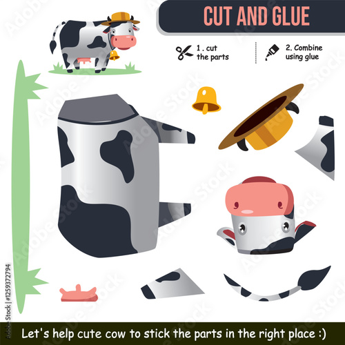 Cute animal cow cut and glue worksheet for kids. Fun educational activity.
