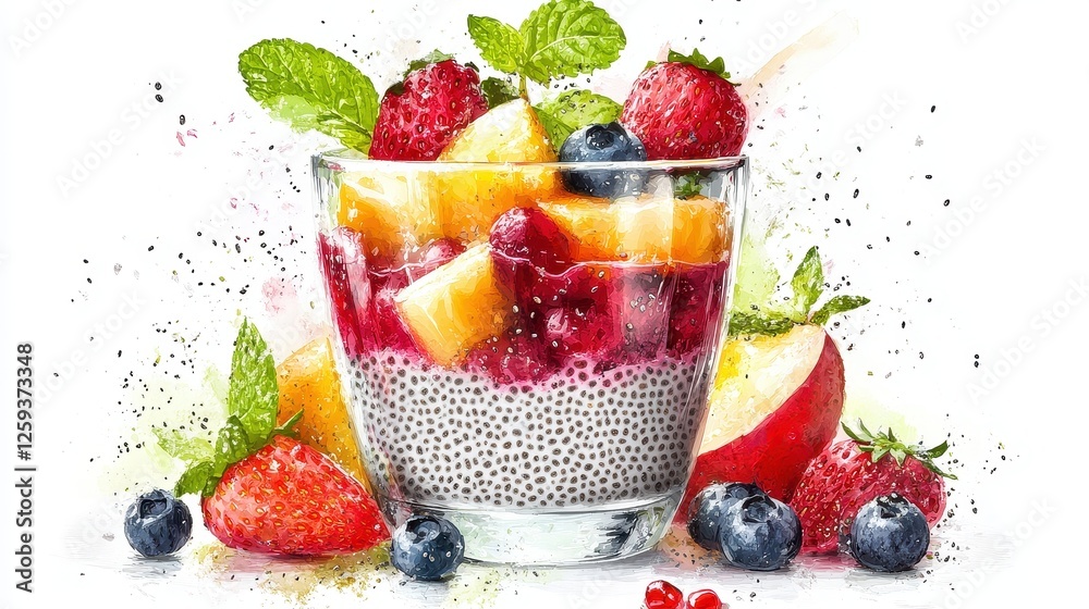 A trendy chia pudding, fresh fruit toppings, elegant glass, modern style, digital painting, isolated on white background. A trendy chia pudding, fresh fruit toppings, elegant glass, modern style, digital painting, isolated on white background.