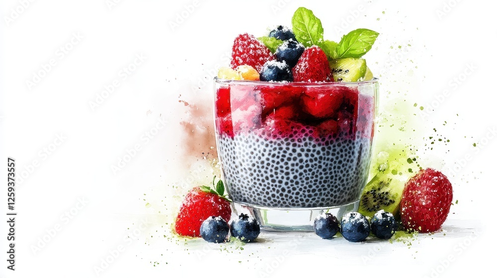 A trendy chia pudding, fresh fruit toppings, elegant glass, modern style, digital painting, isolated on white background. A trendy chia pudding, fresh fruit toppings, elegant glass, modern style, digital painting, isolated on white background.