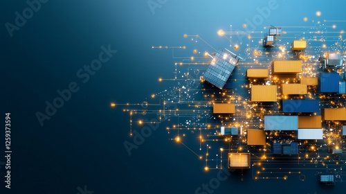 Dynamic shipping process visualization global logistics hub digital artwork abstract environment aerial viewpoint supply chain innovation