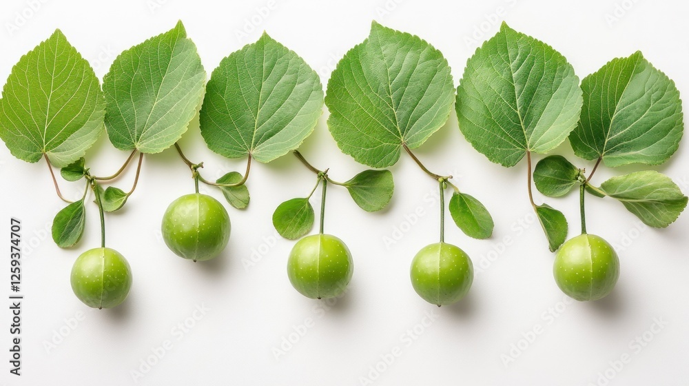 Green fruits and leaves flat lay, white background, nature design, health food Green fruits and leaves flat lay, white background, nature design, health food