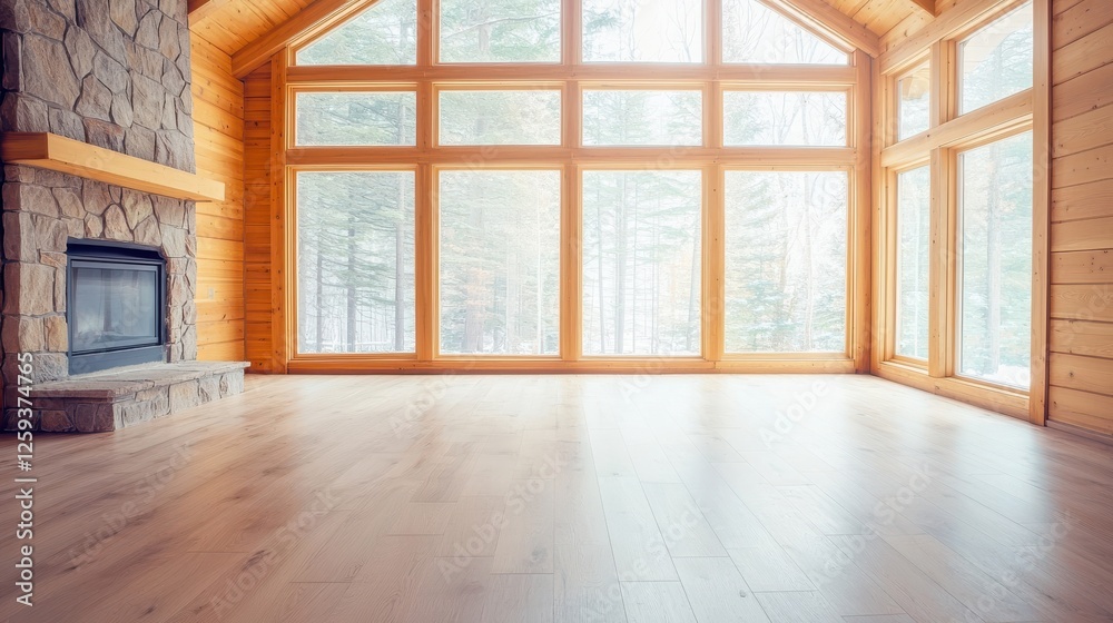 Obraz premium Spacious modern cabin interior with large windows and natural light.