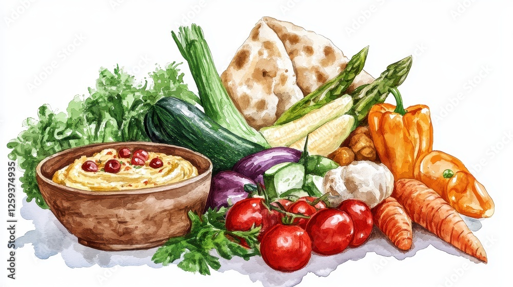 A vegan lunch box, hummus, pita, fresh vegetables, health-conscious style, digital watercolor, isolated on white background. A vegan lunch box, hummus, pita, fresh vegetables, health-conscious style, digital watercolor, isolated on white background.