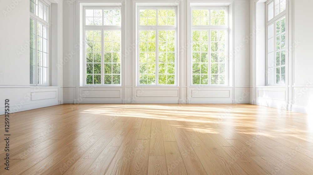 Fototapeta premium Bright, empty room with large windows allowing natural light and showcasing a wooden floor.
