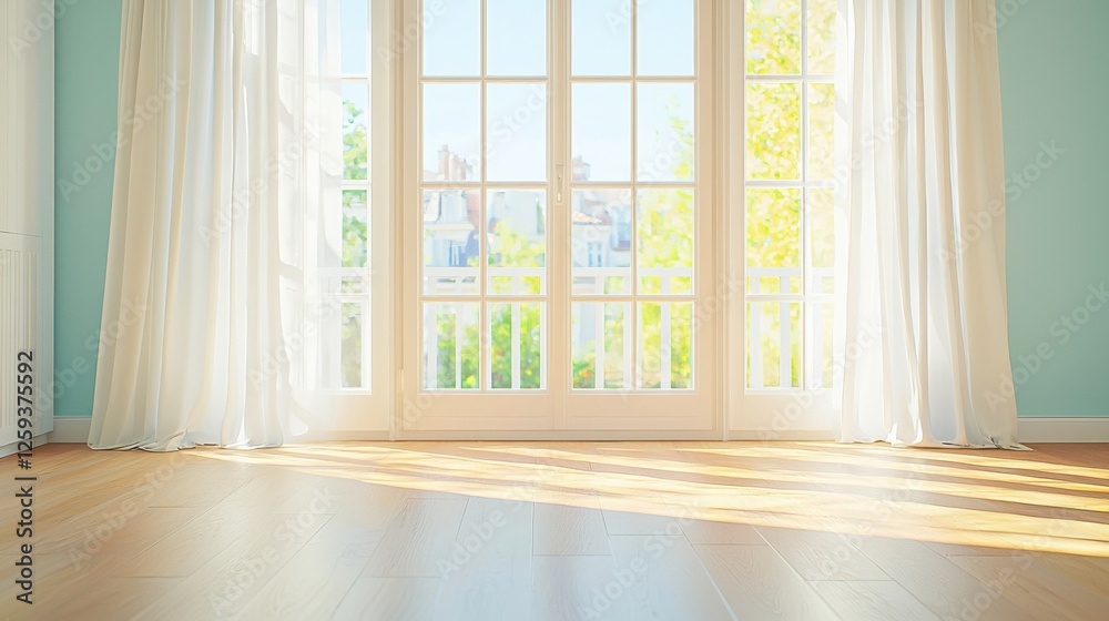 Fototapeta premium Bright and airy room with large windows allowing natural light to fill the space.