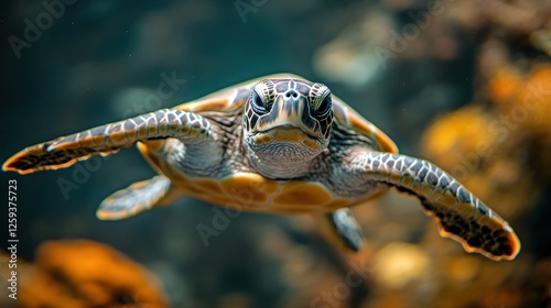 Juvenile Hawksbill Sea Turtle Swimming Underwater photo