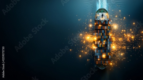 Underwater cargo ship illuminates the ocean depths with sparkling lights marine environment aerial view advanced transport concept
