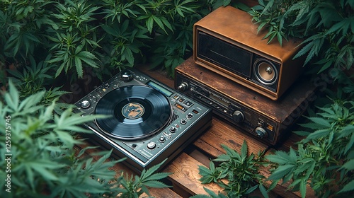 A psychedelic music festival setup featuring vinyl records cannabis leaves and a vintage stereo