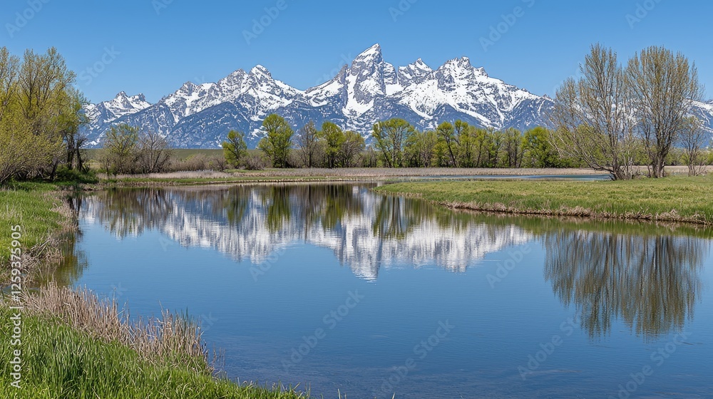 Serene Reflection of Snow-Capped Mountains in a Tranquil River Surrounded by Lush Greenery Serene Reflection of Snow-Capped Mountains in a Tranquil River Surrounded by Lush Greenery