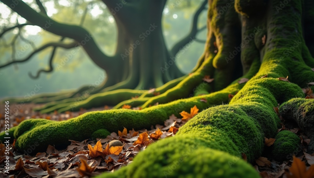 Naklejka premium A Close up of a Moss Covered Tree Trunk and Leaves on the Ground - Generative AI