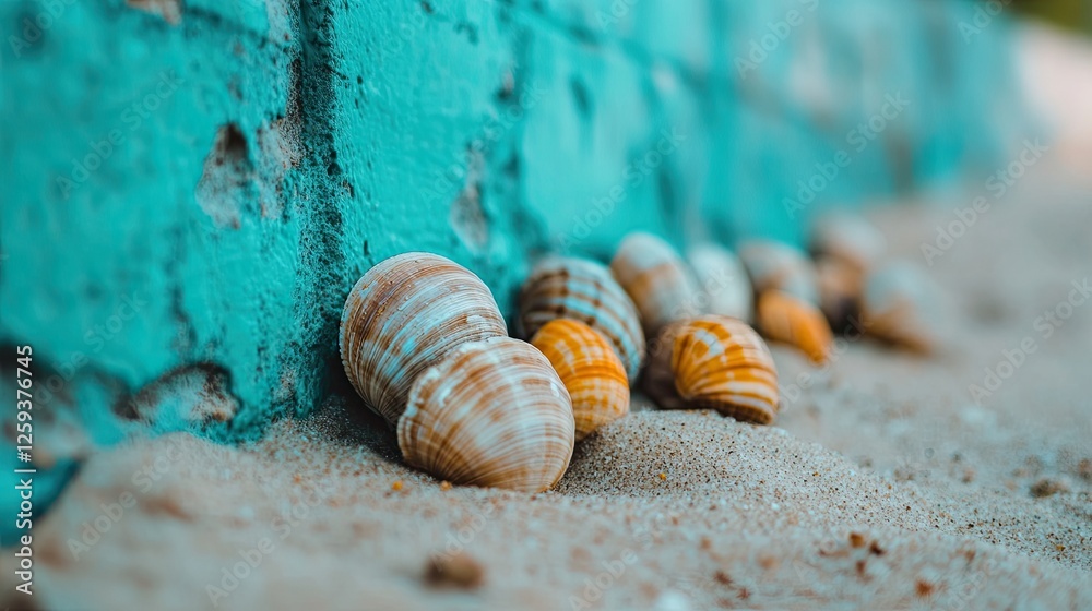 Seashells On Beach Beside Turquoise Wall Seashells On Beach Beside Turquoise Wall