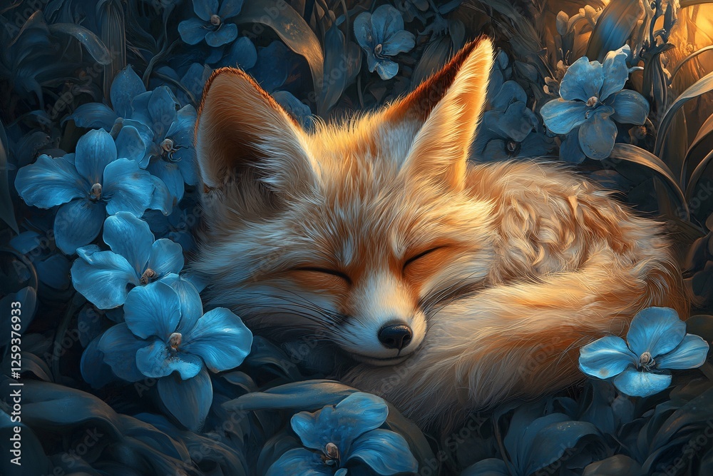 Fototapeta premium A Sleeping Fox Amidst Blue Flowers